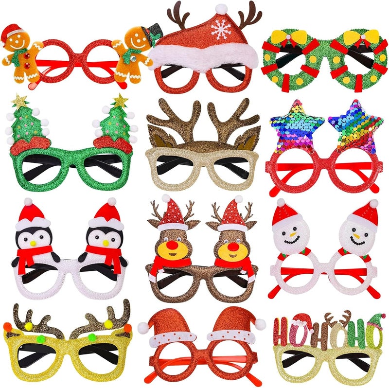 Thuodo 12Pcs Christmas Glasses Glitter Party Glasses Frames Costume Eyeglasses for Christmas Party Holiday Photo Booth Novelty Glasse(One Size Fits All) - Image 1